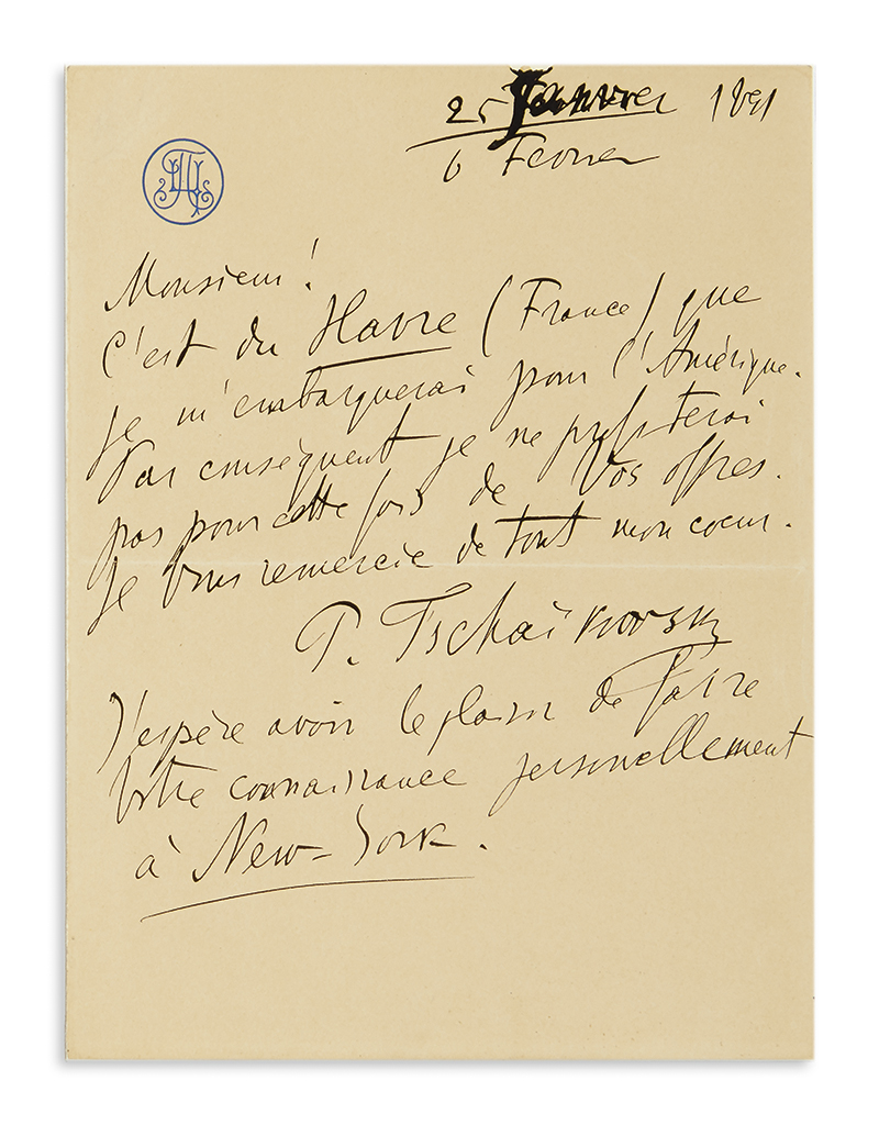 TCHAIKOVSKY, PYOTR ILYICH. Autograph Letter Signed, P. Tschaikovsky, in French, to dramatic agent Edmund Gerson (Sir!),